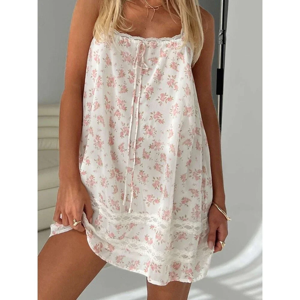 New Princess Polly Alanah Mini Dress Cream with Pink Floral Lace Trim